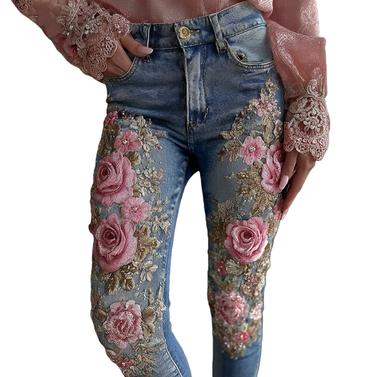 Retro Floral Print Jeans High Waist Slim Imitation Jeans Elegant Casual Trousers